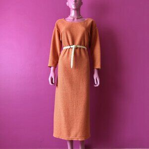 Vintage 90s M Peach Sweaterdress Midi Textured Ribbed Knit 3/4 Sleeve Scoop Neck